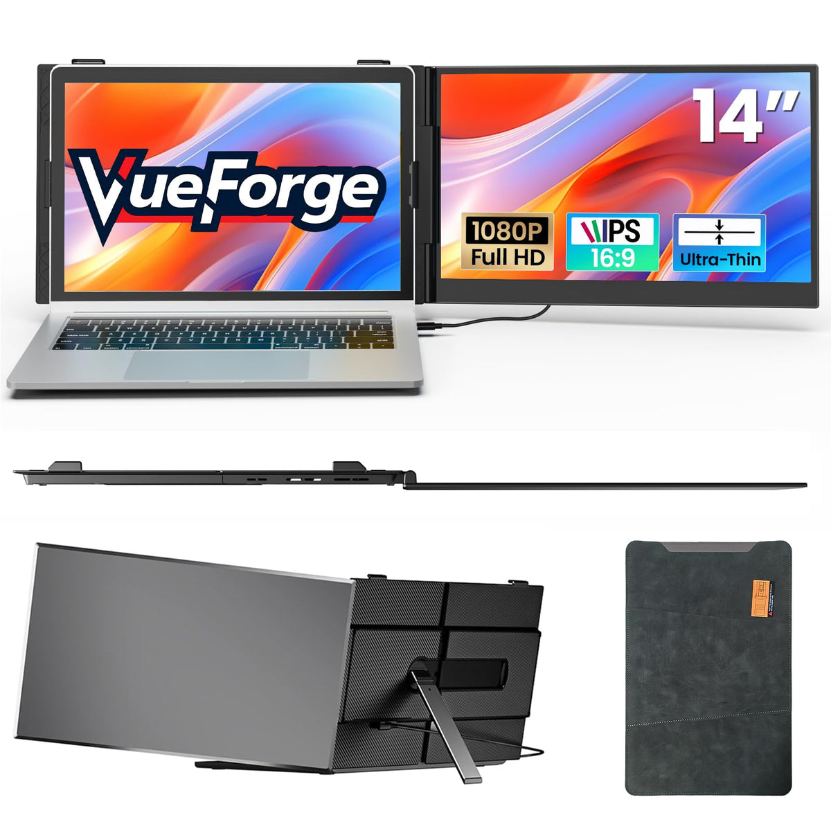 VueForge laptop screen extender with a crisp 1080p IPS display for extended workspace.