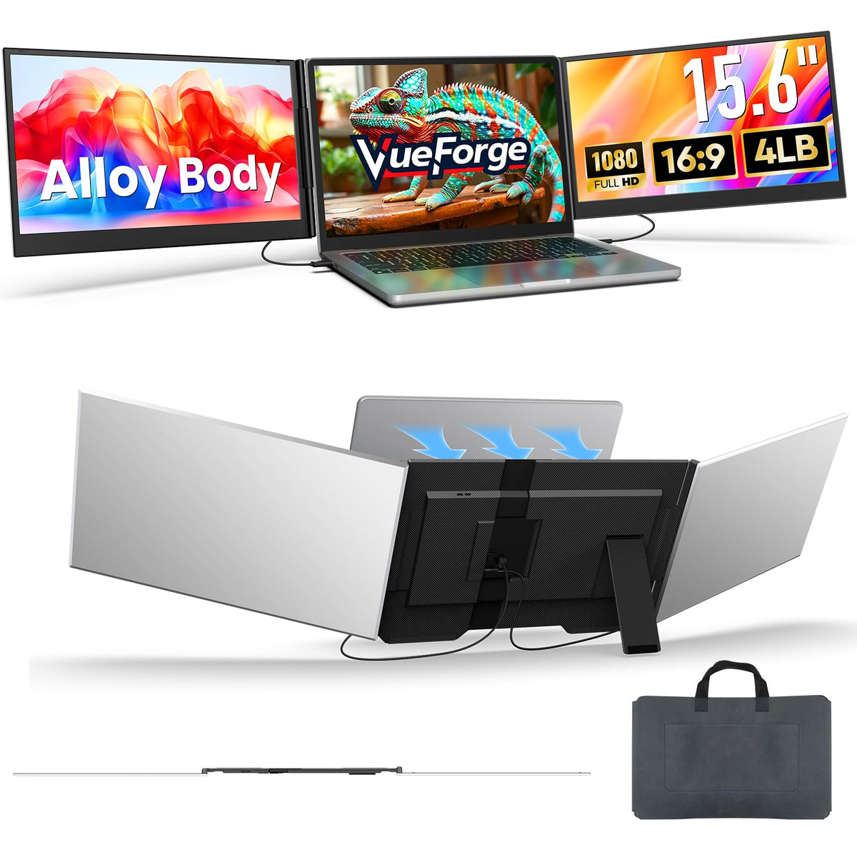 VueForge laptop screen extender setup shows a portable multi-monitor workspace.