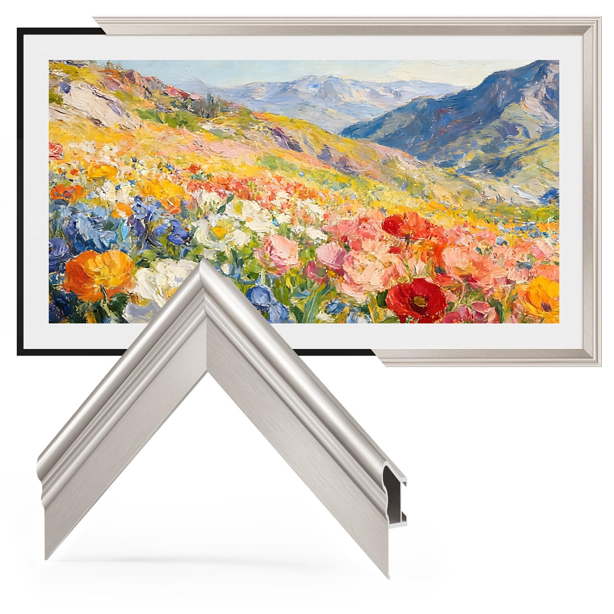 VueFrame 65-inch Deco Bezel front view enhances framed art look.