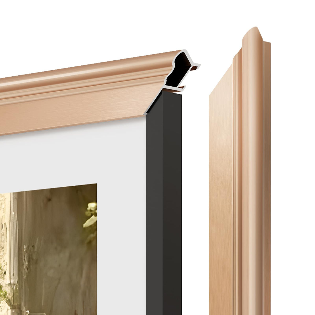 VueFrame Deco bezel installation steps illustrate quick, tool-free mounting.