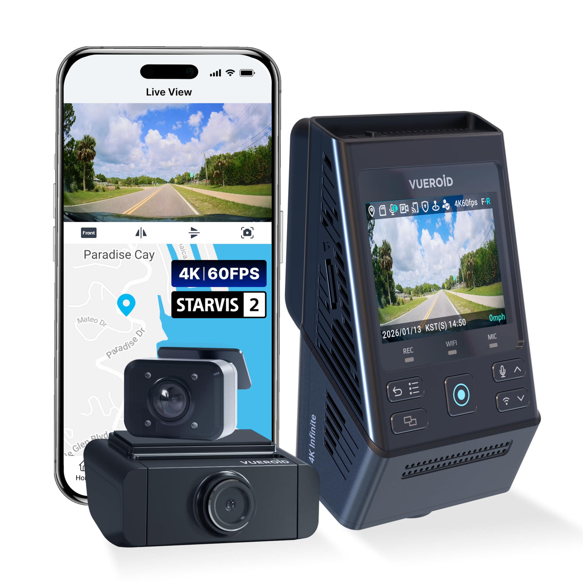 Vueroid S1 front 4K dash cam captures daytime driving with high clarity