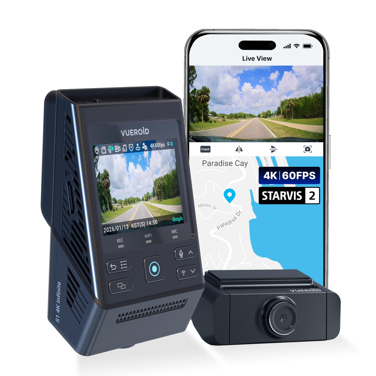 Vueroid S1 front 4K view captures crisp daytime footage for safer driving.
