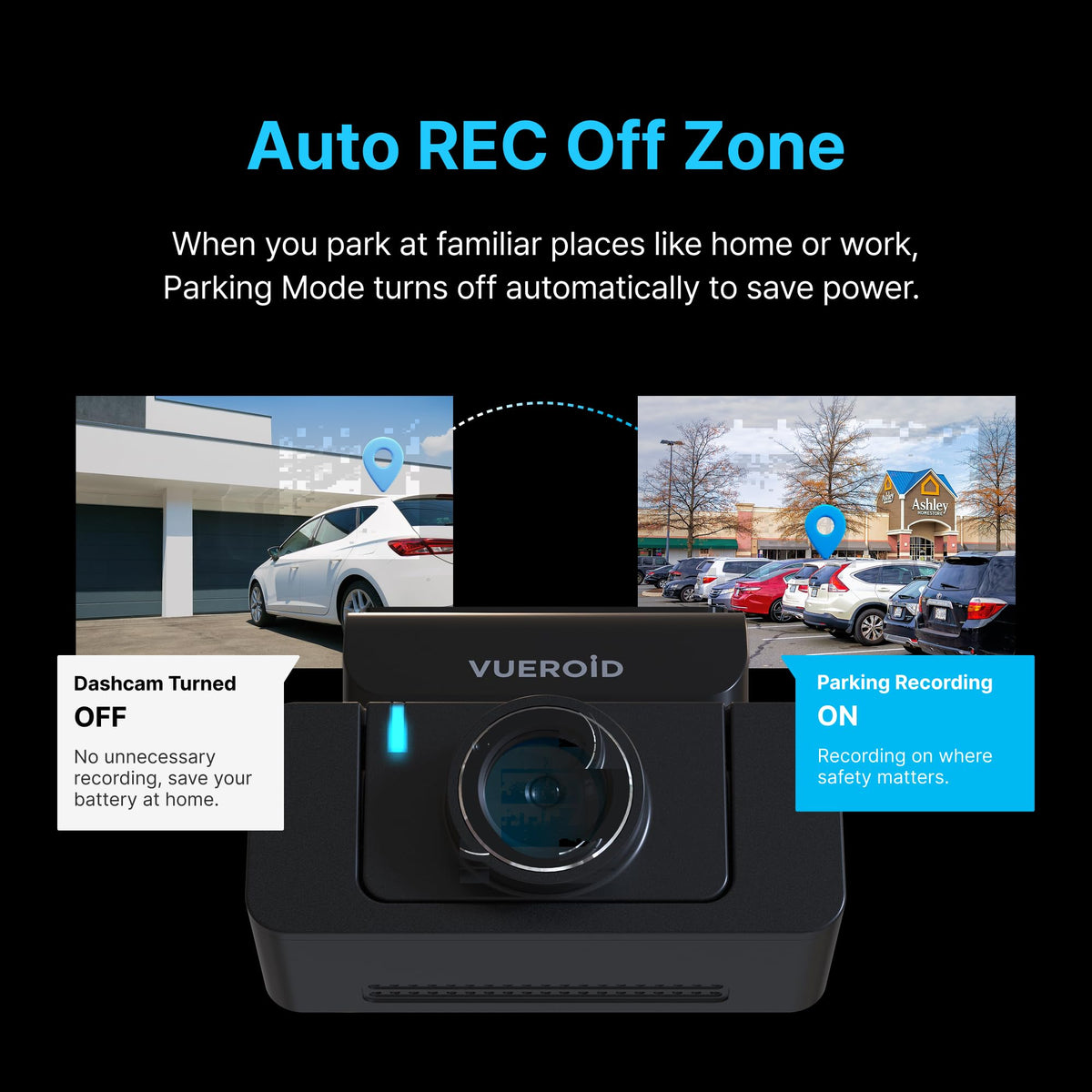 Vueroid S1 geofencing auto off prevents parking drain in familiar zones