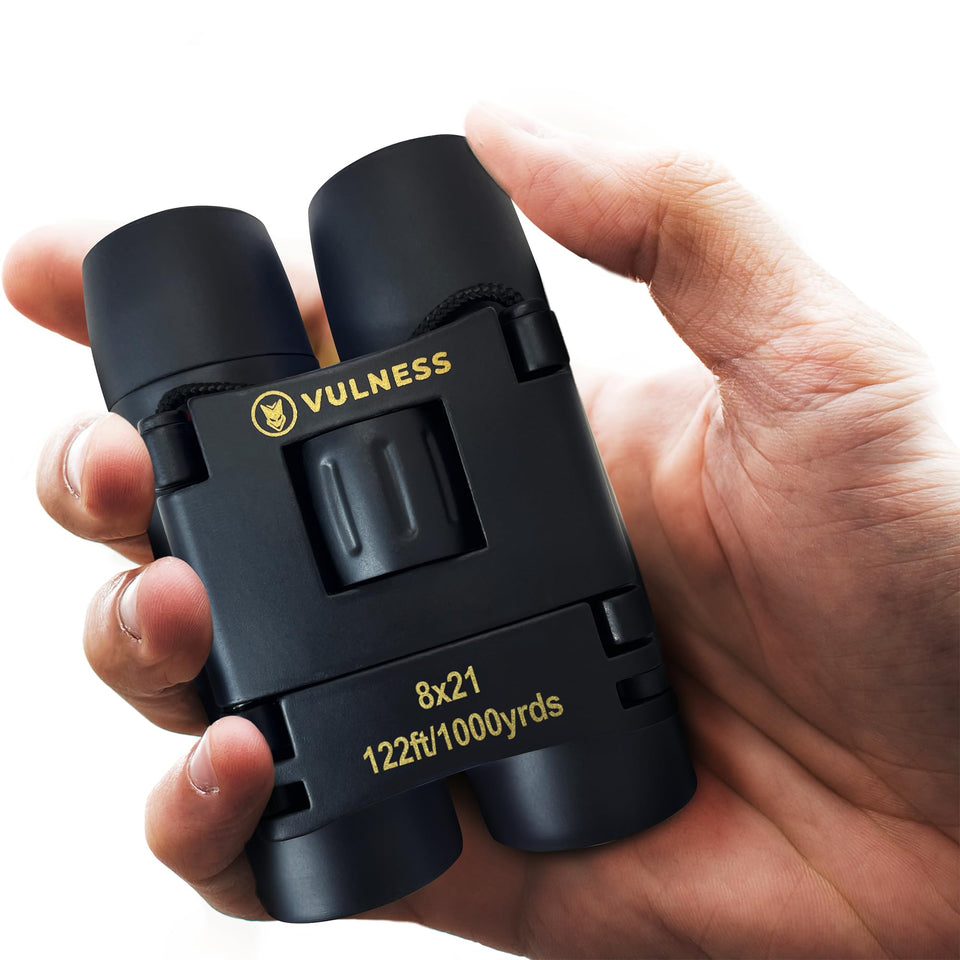 VULNESS front view showing compact binoculars and benefits of portability