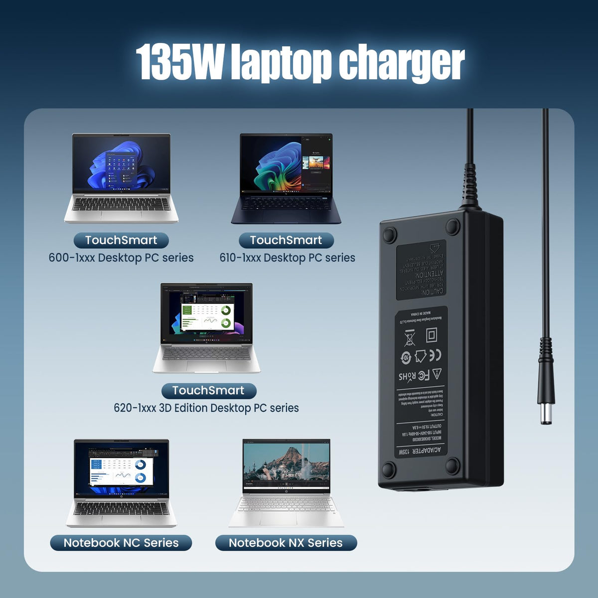 135W adapter with universal 100-240V input ready for worldwide use.