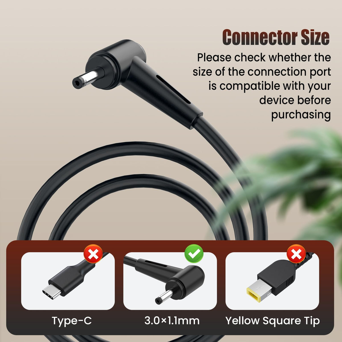 VUOHOEG 3.0mm x 1.1mm round connector close-up ensuring correct fit benefit