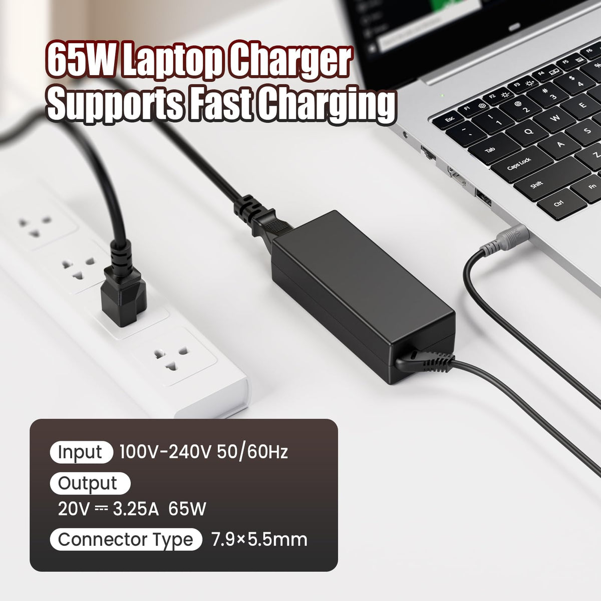 VUOHOEG 65W adapter back view highlighting safety features and plug connection