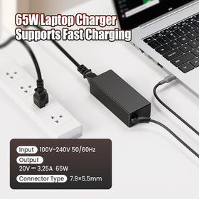 VUOHOEG 65W adapter back view highlighting safety features and plug connection