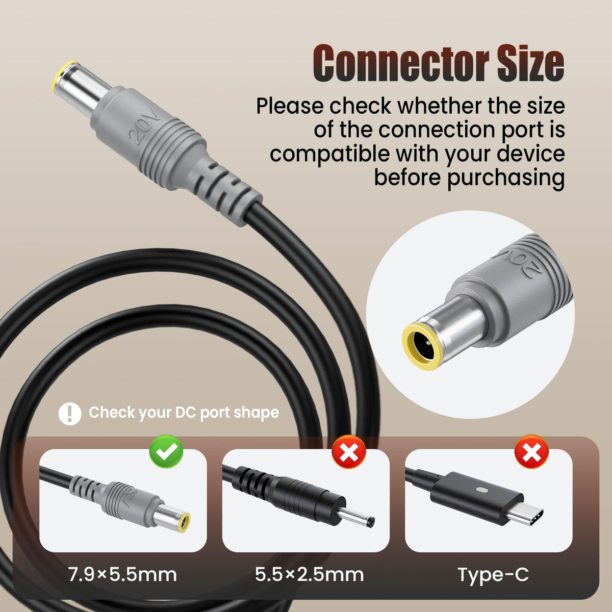 VUOHOEG 65W adapter side view showing 7.9mm round tip compatibility