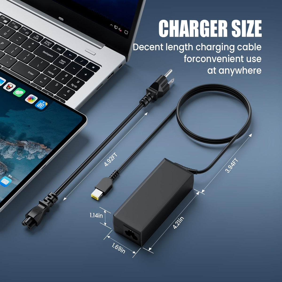 VUOHOEG 65W charger powers Lenovo E550 smoothly with stable tip connection.