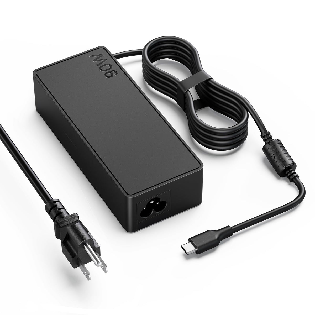VUOHOEG 90W USB-C PD charger front view powering a laptop at the desk.