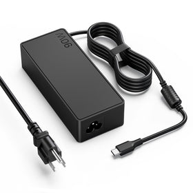 VUOHOEG 90W USB-C PD charger front view powering a laptop at the desk.