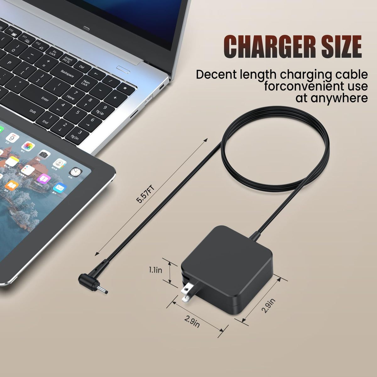 VUOHOEG adapter beside 13,14,15,17 inch laptops illustrating size scale benefit