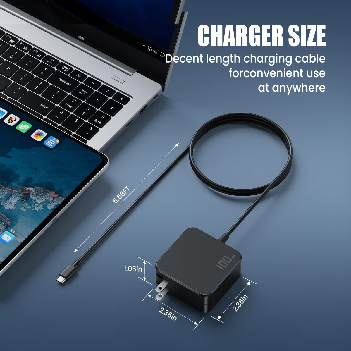 Box contents show charger with built-in cable