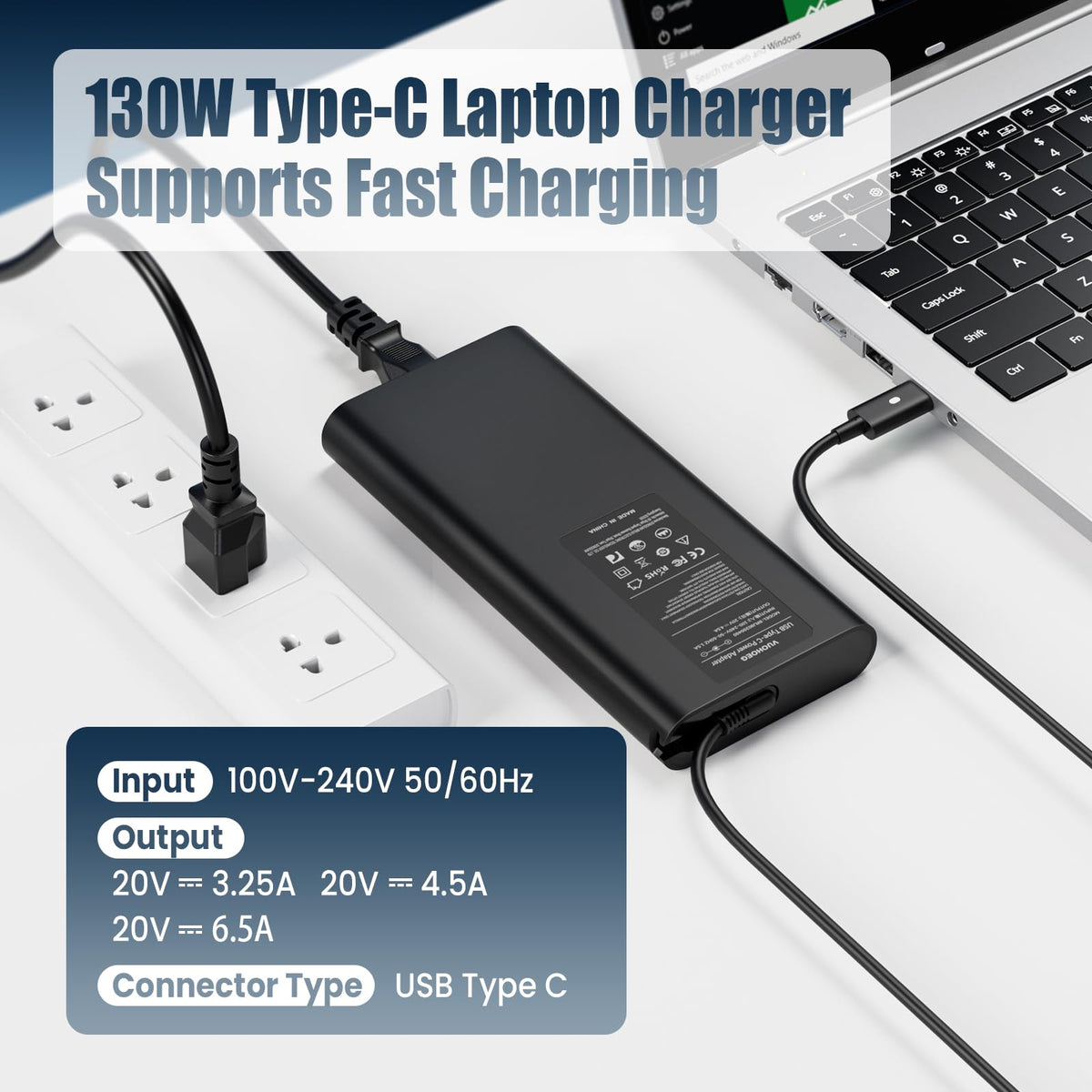 VUOHOEG closeup of USB-C port and power label for safe, correct power delivery