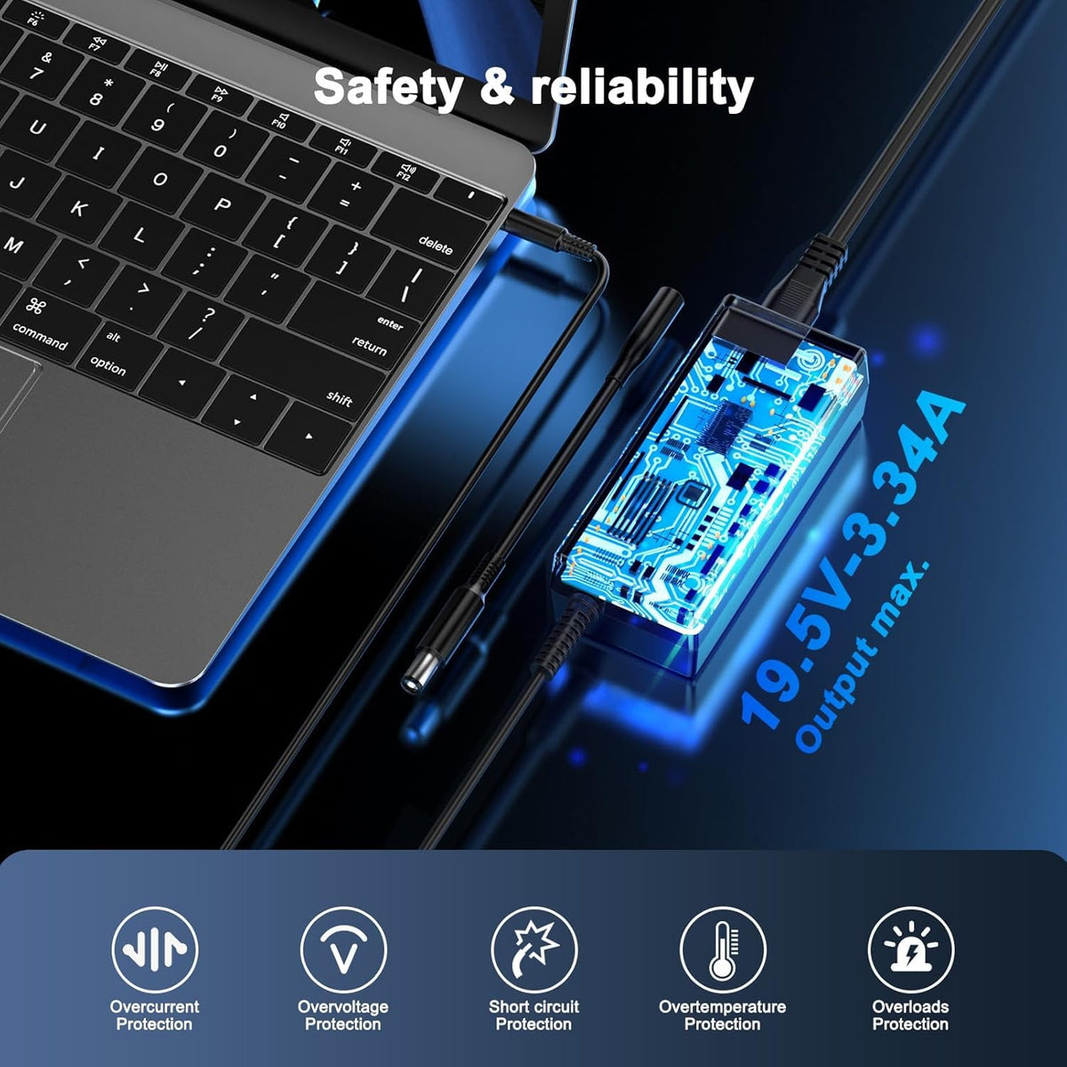 VUOHOEG adapter plugged into Dell laptop illustrating charging in use benefit powers device reliably