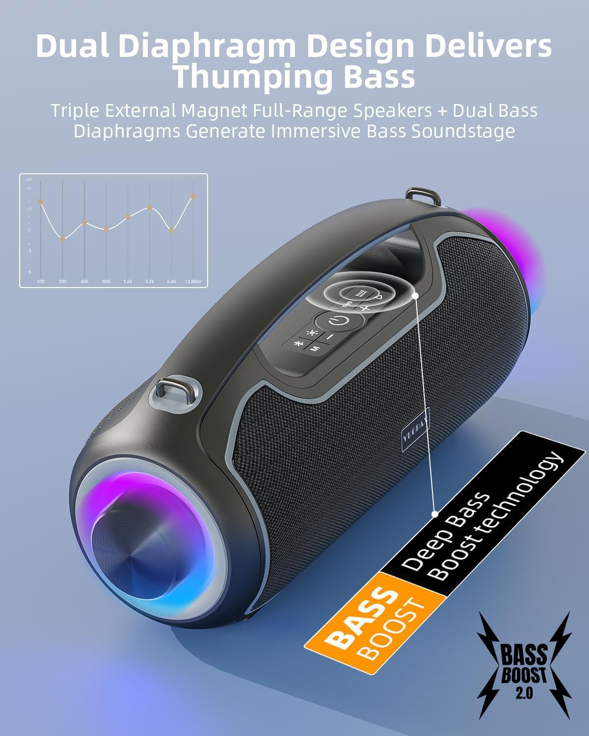 VUOPAX deep bass with one-touch boost, ideal for modern pop and electronic tracks.
