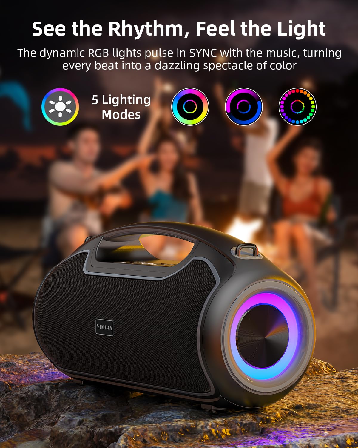 VUOPAX true wireless stereo pairing for expanded, immersive sound with two units.