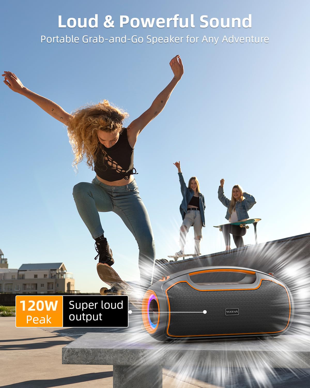 VUOPAX Upgrade speaker showing 120W peak performance for powerful outdoors sound