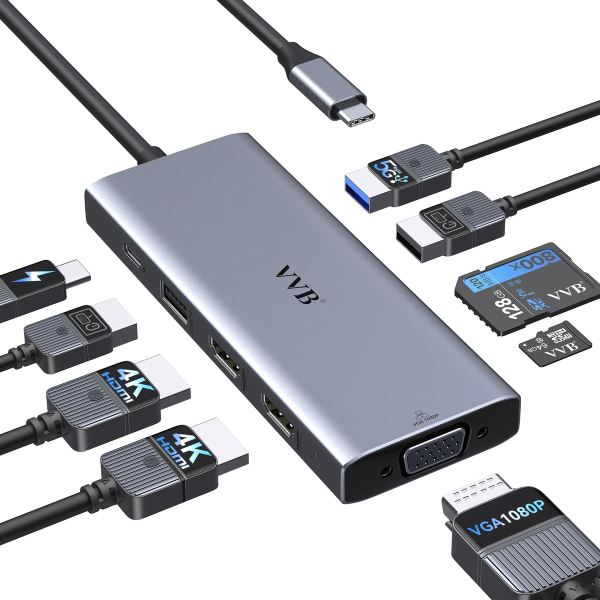 VVB docking station front view showing ports and compact housing for easy desktop expansion