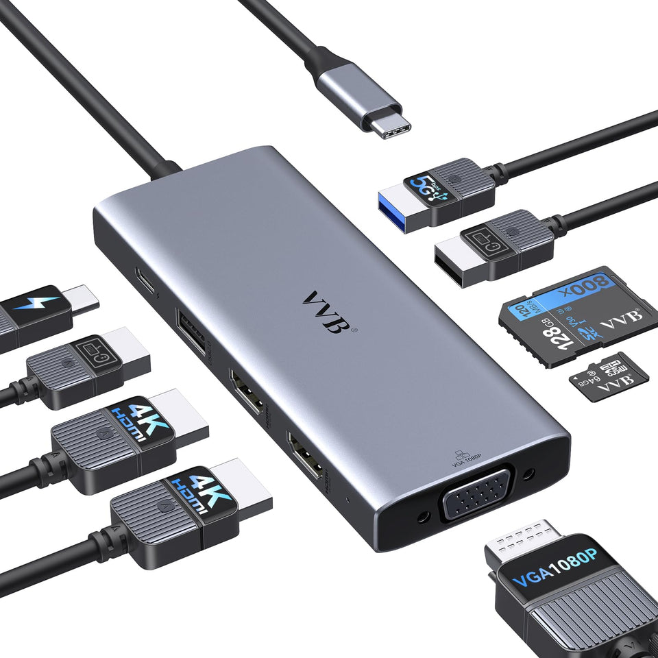 VVB docking station front view showing ports and compact housing for easy desktop expansion