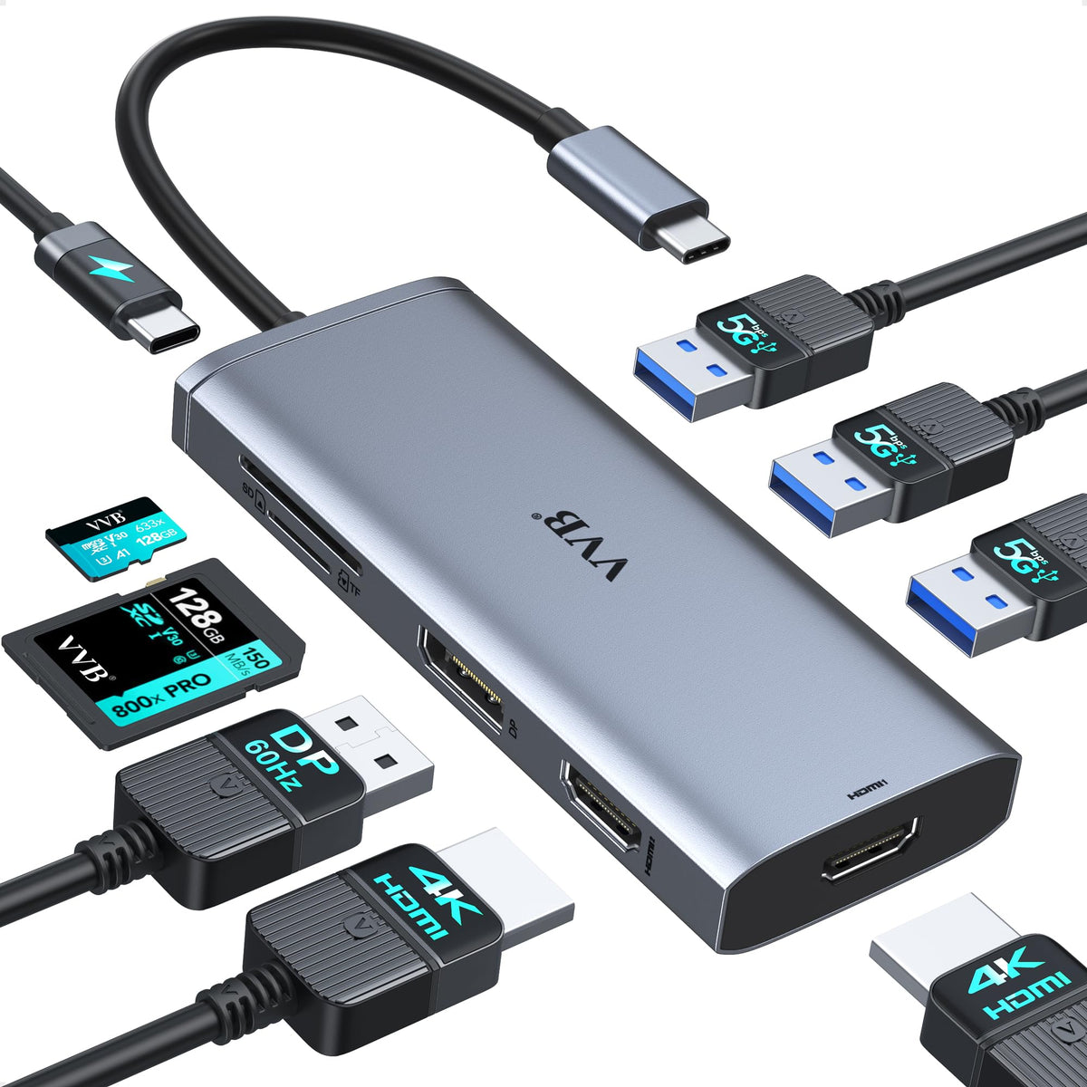 VVB docking station front view showing all ports and compact design benefit workspace expansion