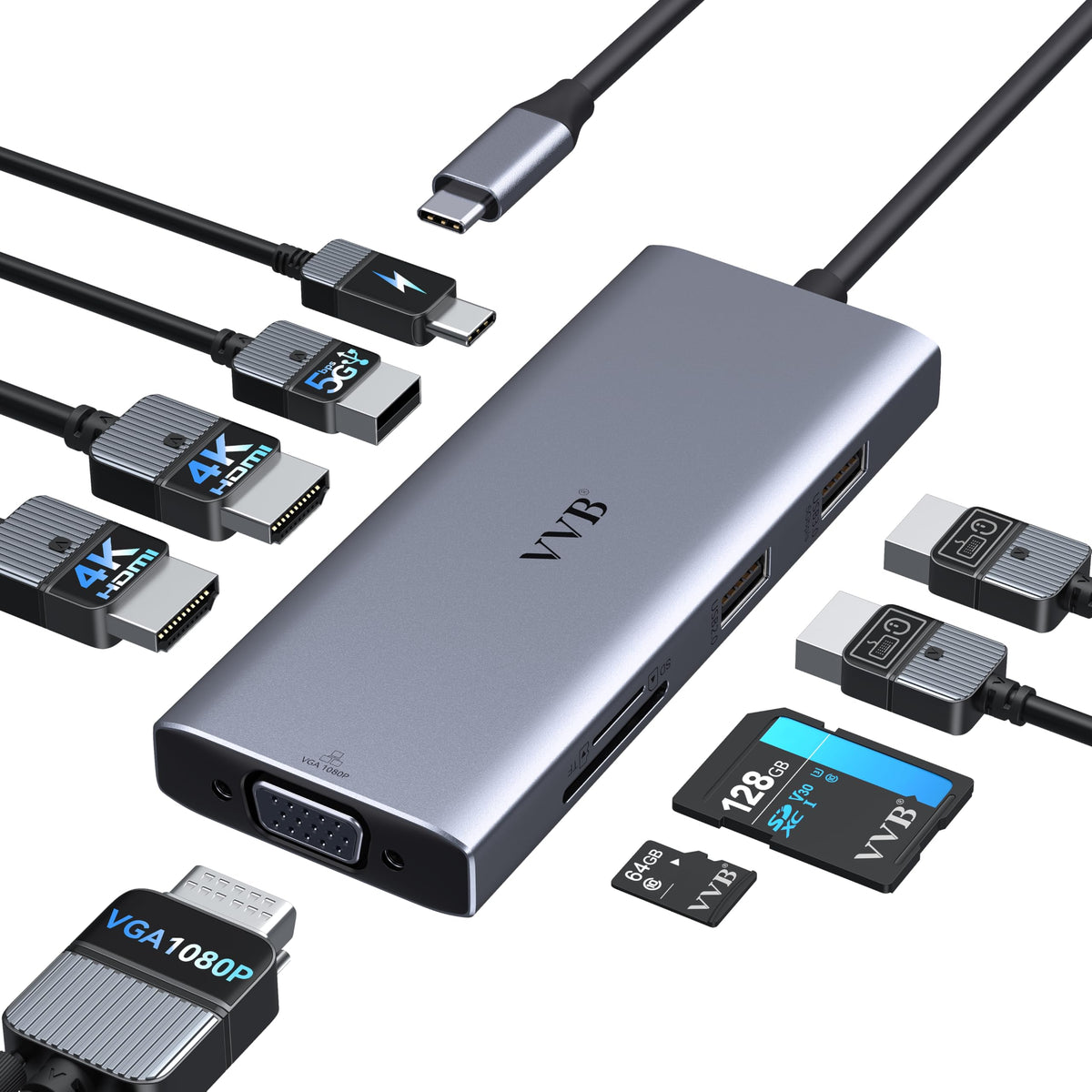 VVB docking station front view showing ports and compact design benefit