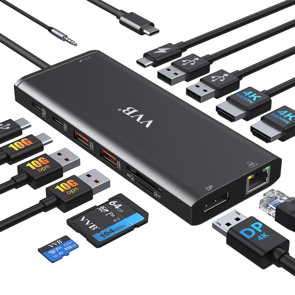VVB docking station front view showing ports and compact design for desktop expansion