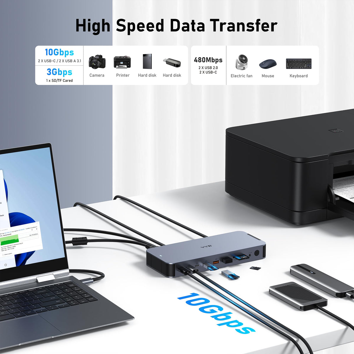 VVB USB C Docking Station back-panel ports for tidy workspace and easy access