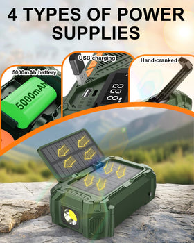 VXF Solar Hand Crank Emergency Radio display shows AM/FM/WB bands.