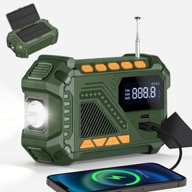 VXF Solar Hand Crank Emergency Radio front view highlights compact outdoor readiness.