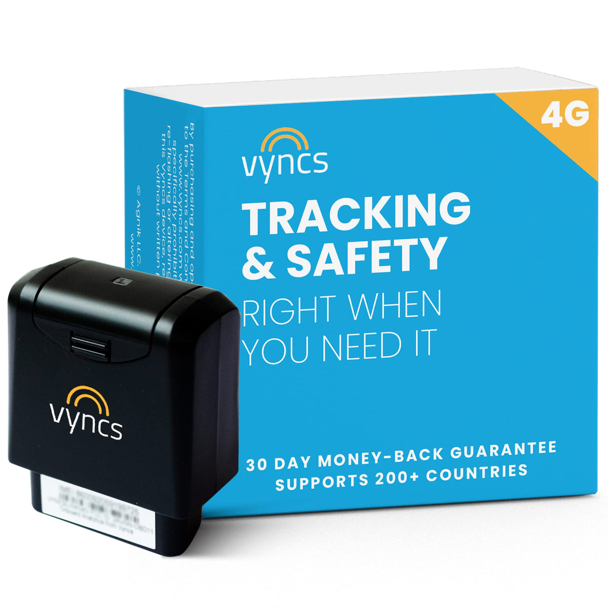 Vyncs GPS tracker plugged into OBD port monitoring real-time vehicle location.