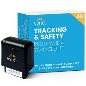 Vyncs GPS tracker plugged into OBD port monitoring real-time vehicle location.