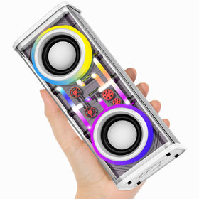 Vythorq V8 portable speaker with transparent casing and LED lighting for stylish ambience