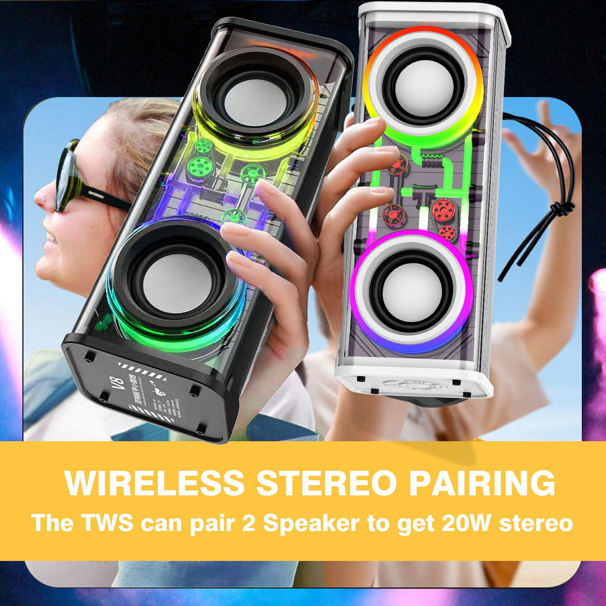 Two Vythorq V8 units paired to create immersive stereo sound