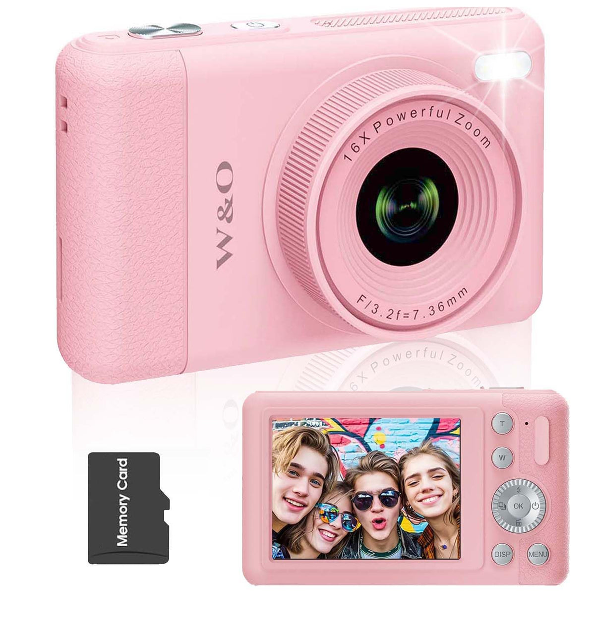 W & O front view of sakura pink camera showing compact body and buttons for easy use