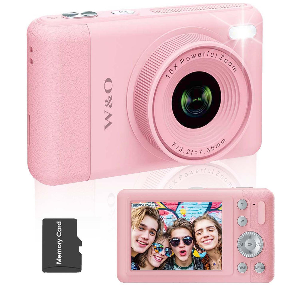 W & O front view of sakura pink camera showing compact body and buttons for easy use