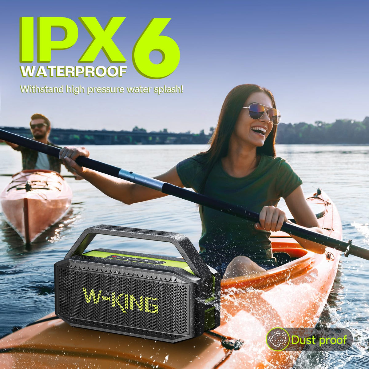 W-KING 120W stereo pairing demonstrates immersive two-speaker surround sound for parties.