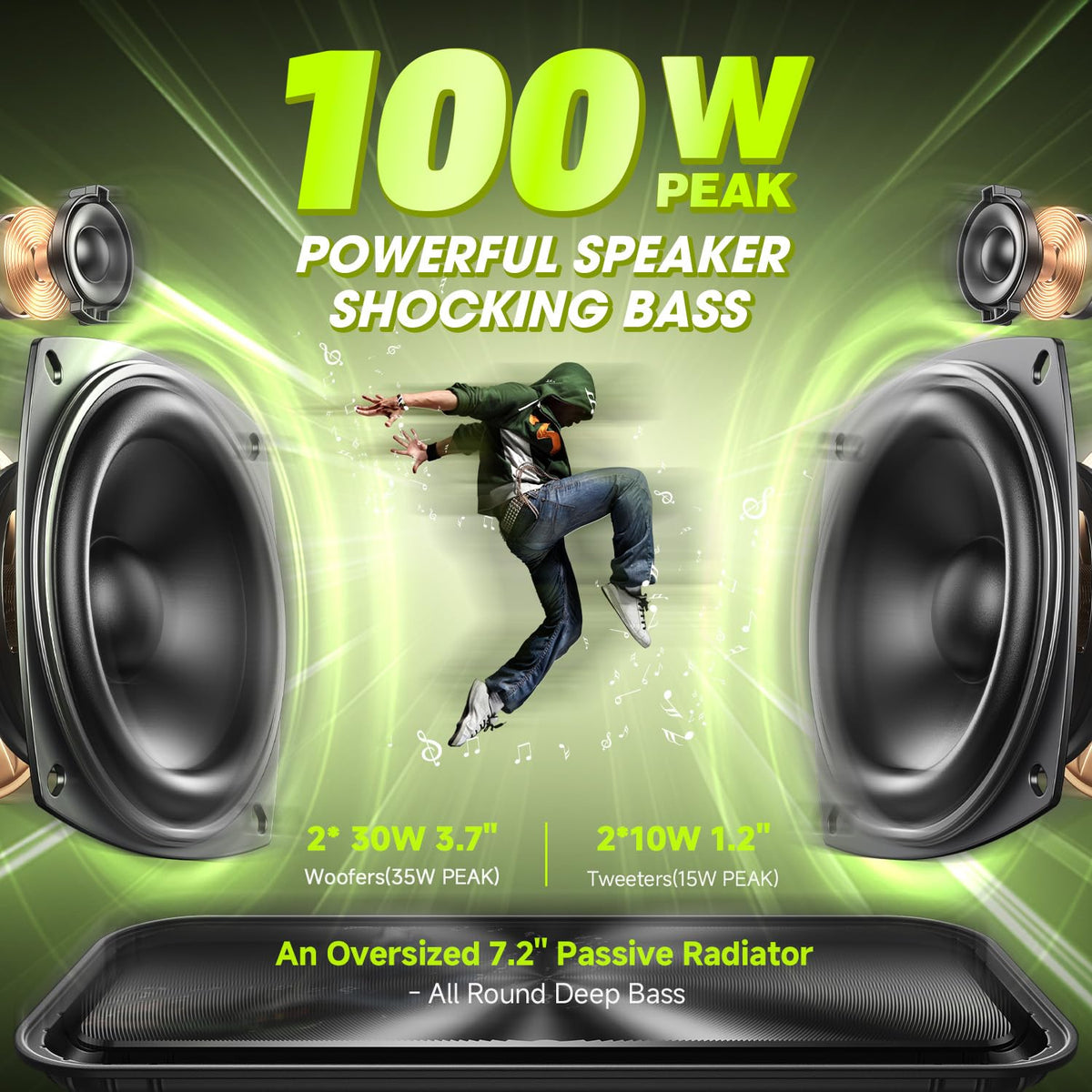 W-KING 60W passive radiator bass emphasizes deep, punchy sound at outdoor gatherings.