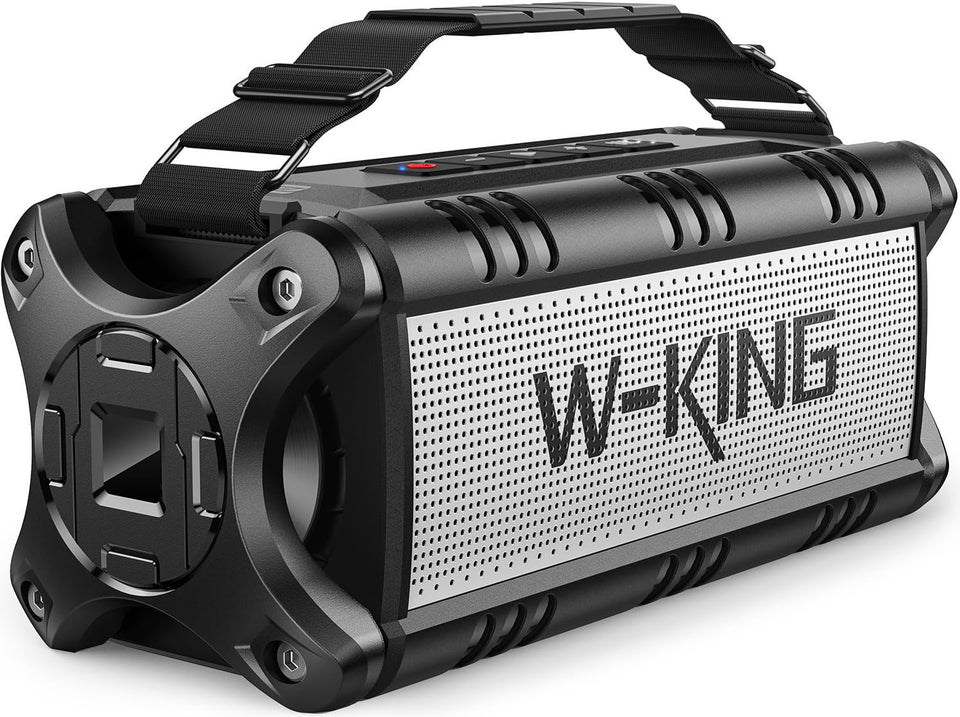 W-KING 90W Max Bluetooth Speaker front view showing bold sound and rugged build for outdoors