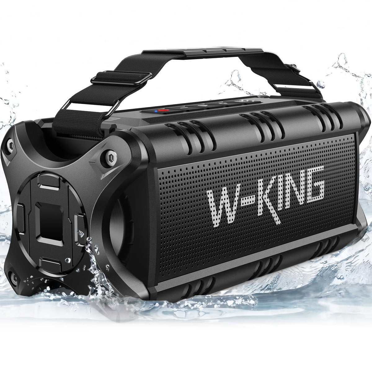 W-KING Bluetooth speaker front view showing bold 90W peak sound for outdoor listening