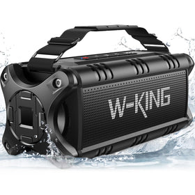 W-KING Bluetooth speaker front view showing bold 90W peak sound for outdoor listening
