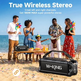 W-KING LED buttons close-up showcasing power, volume, and NFC pairing