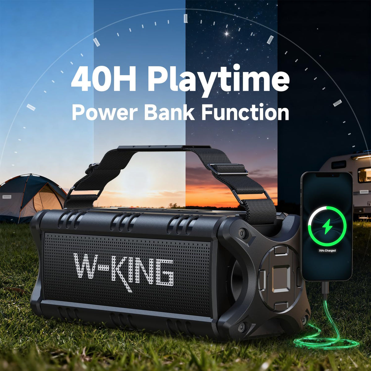 W-KING pairing mode demonstrating stereo expansion when two speakers connect