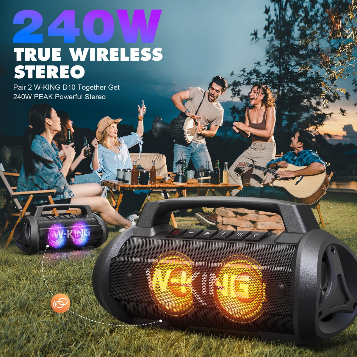 W-KING D10 supports 240W stereo with two units, ideal for movie nights or large gatherings