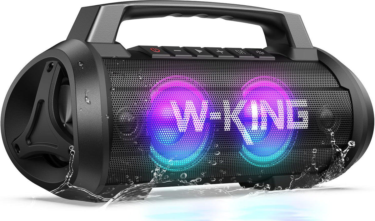 W-KING D10 front view shows a compact rugged party speaker for outdoor gatherings