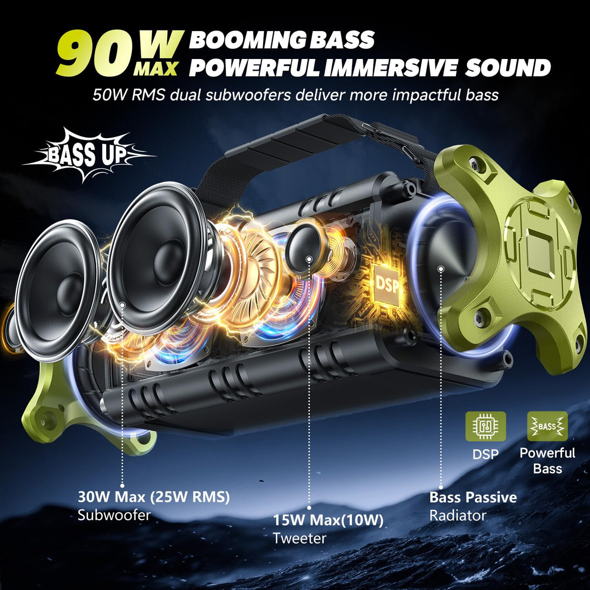 W-KING D8 dual subwoofers and tweeters delivering deep bass and clear highs