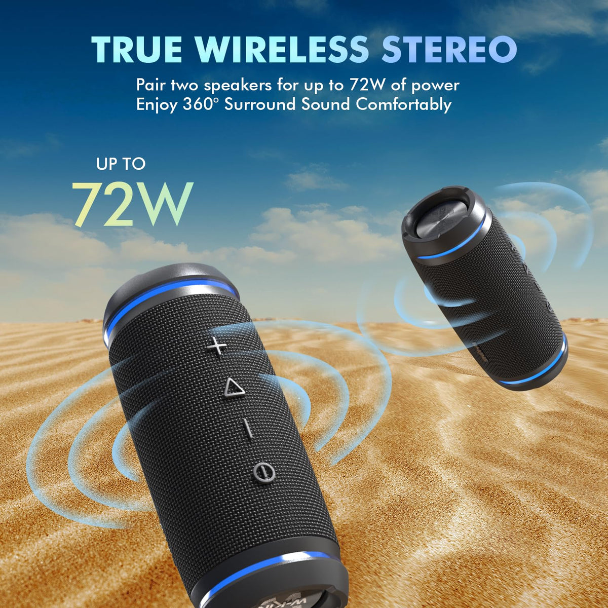 W-KING paired speakers in stereo, double power and wide soundstage