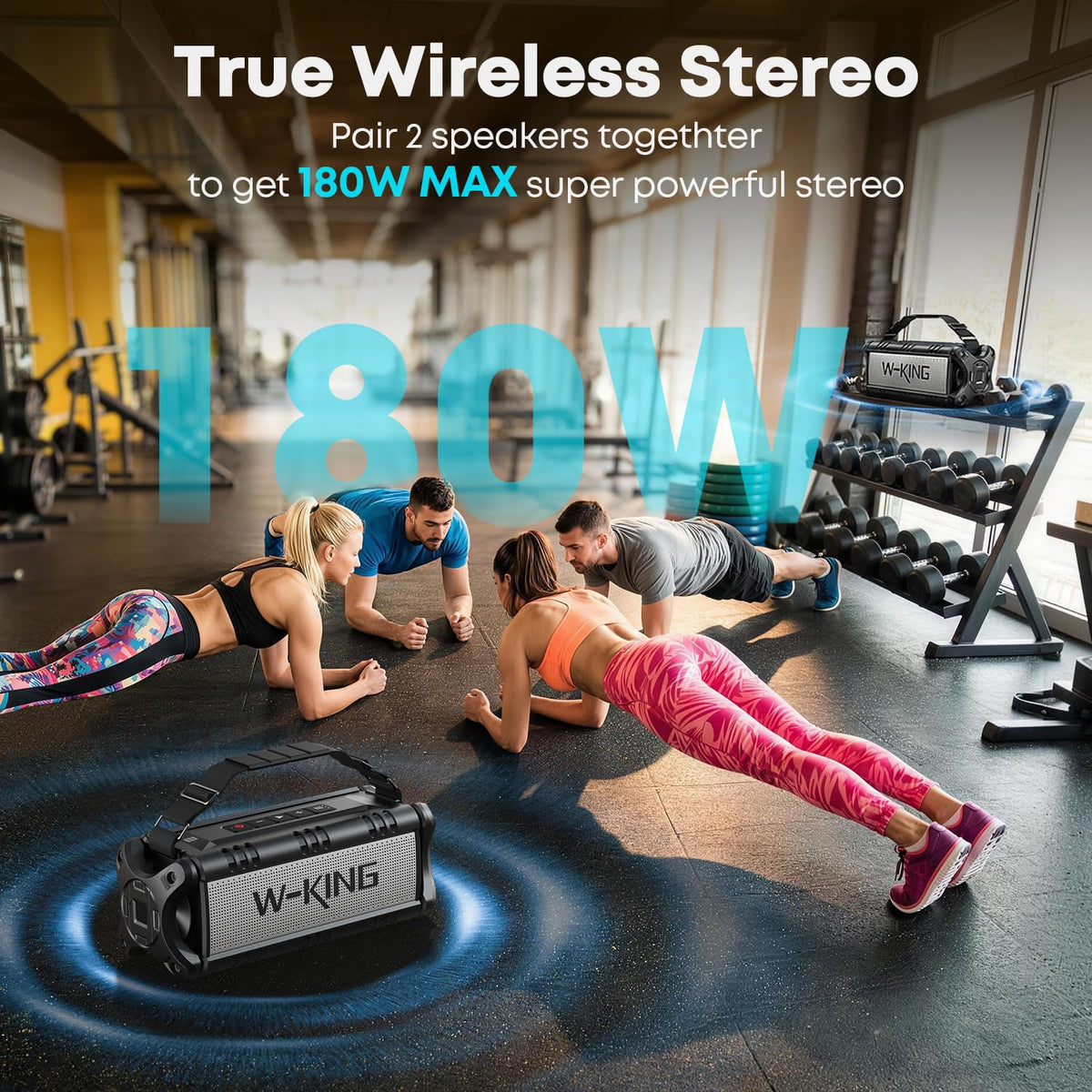 W-KING stereo pairing demonstrates two speakers delivering immersive stereo sound
