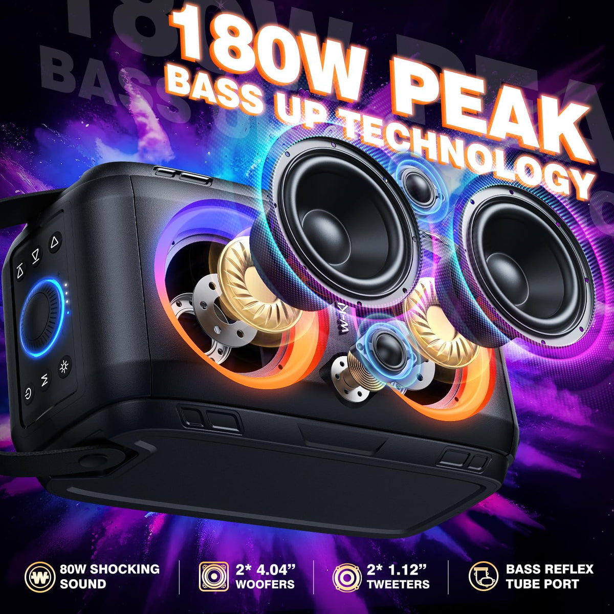 W-KING T9-2 bass-reflex tube close-up showing deep resonant bass